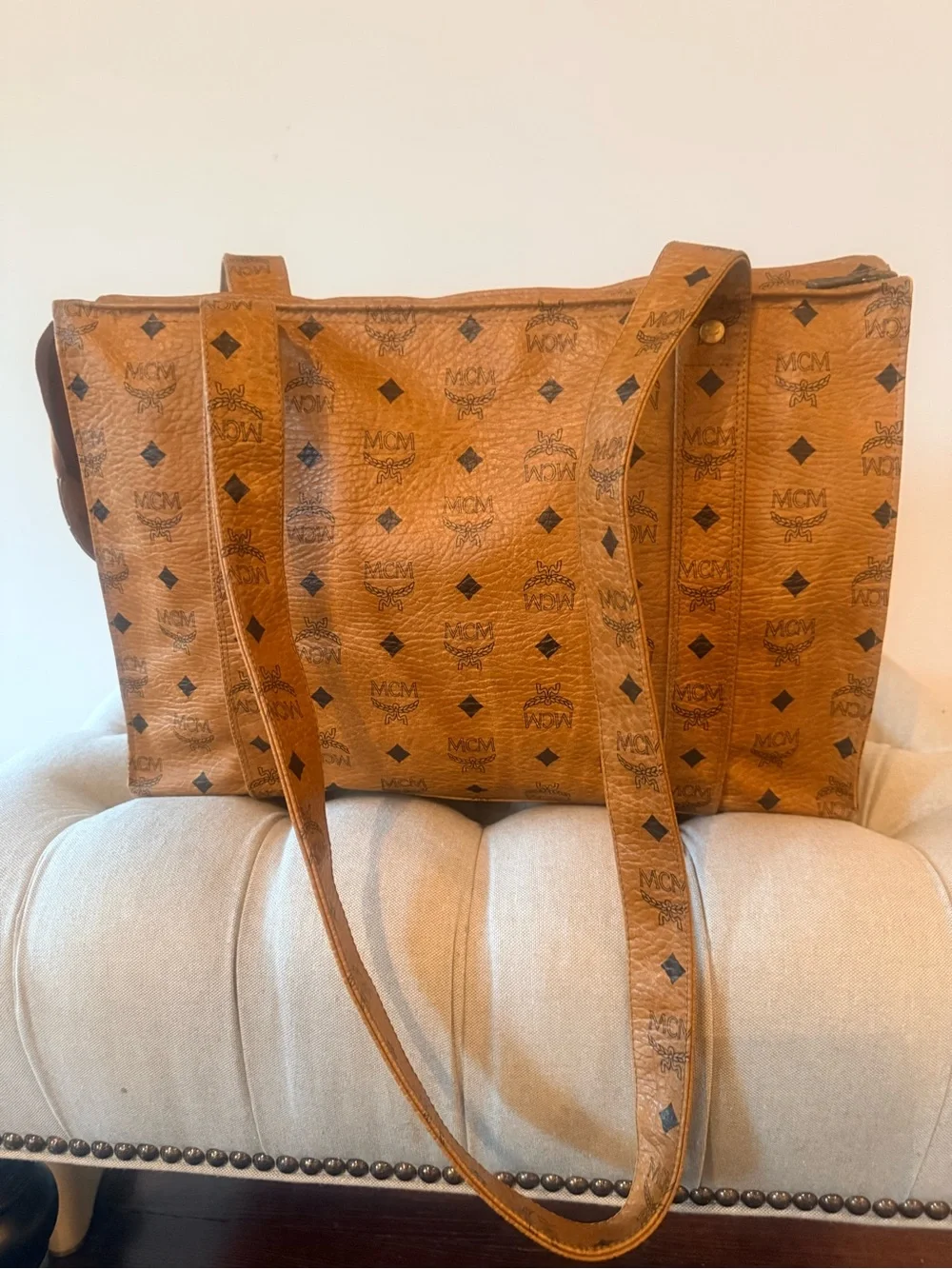 Vintage MCM Aren School Bag Tote Cognac Visetos Monogram Crossbody Shoulder